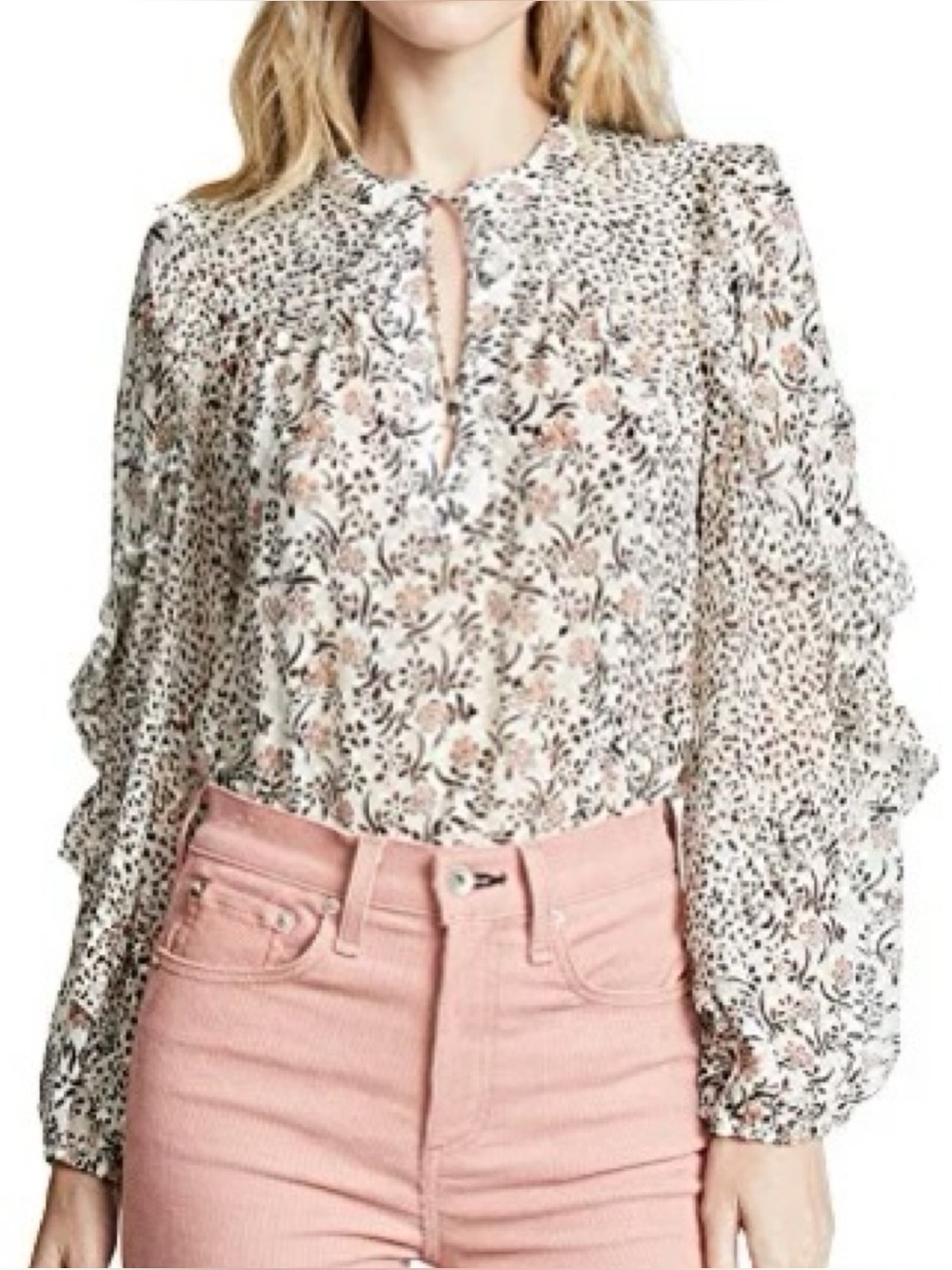 Ulla Johnson Silk Floral Ruffled Tie-Neck Long Sleeve Blouse Top Size 4